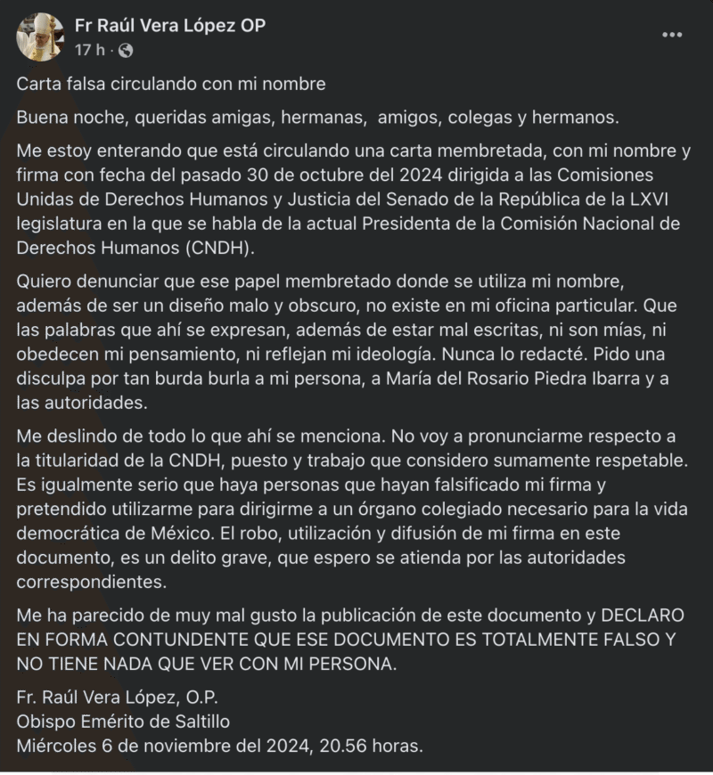 Posicionamiento de Raúl Vera López